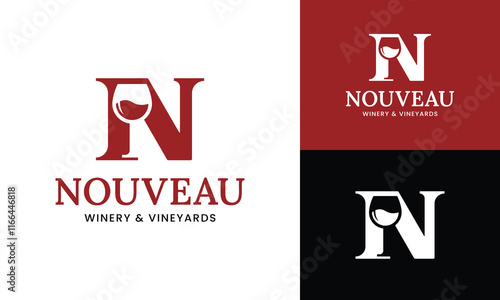 Letter Initial N Wine Glass Logo Design Template. Suitable for Bar Restaurant Cafe Winery Vineyard Pub Club Business Brand Company Logo Design.