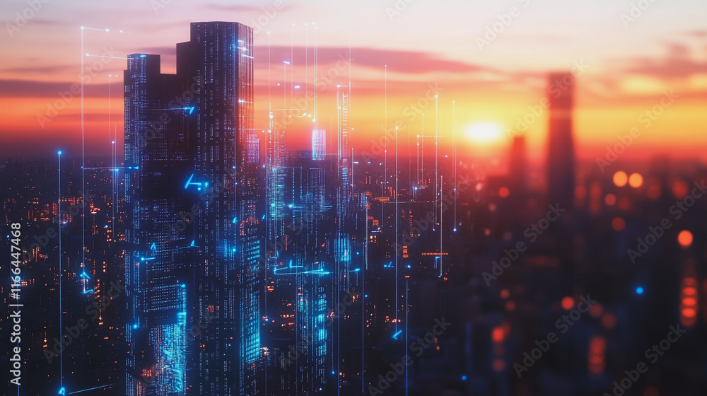 Smart Innovation city with connection cyber security network reciprocity over the sunset cityscape future wireless digital city and social media networking systems that connects people in the city Smart Innovation city with connection cyber security network reciprocity over the sunset cityscape future wireless digital city and social media networking systems that connects people in the city