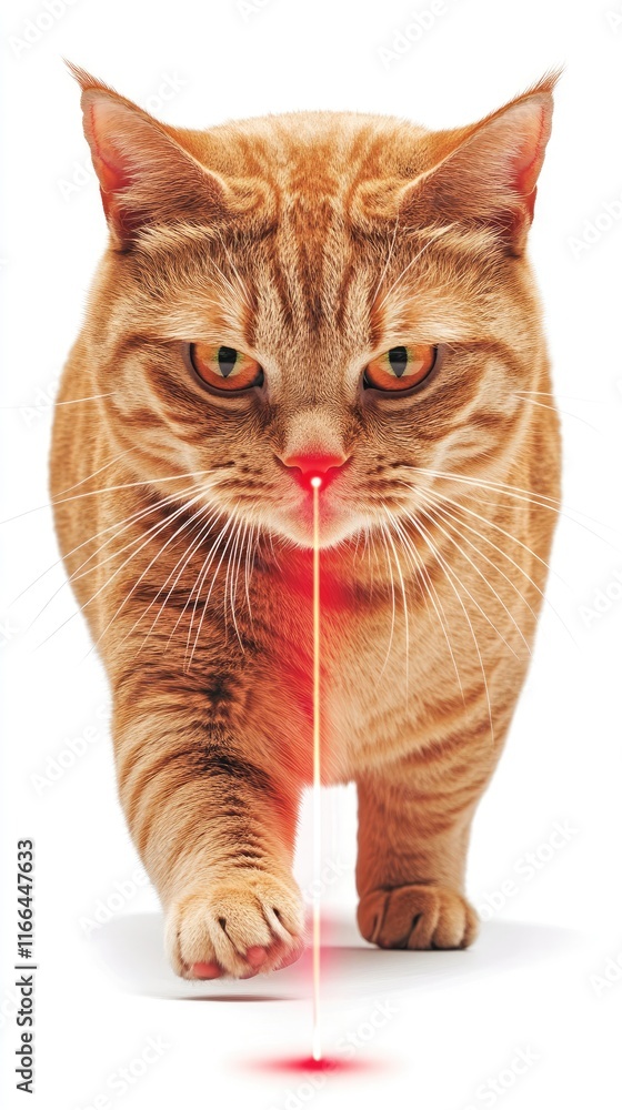 Obraz premium A determined orange cat walking towards a red laser dot.