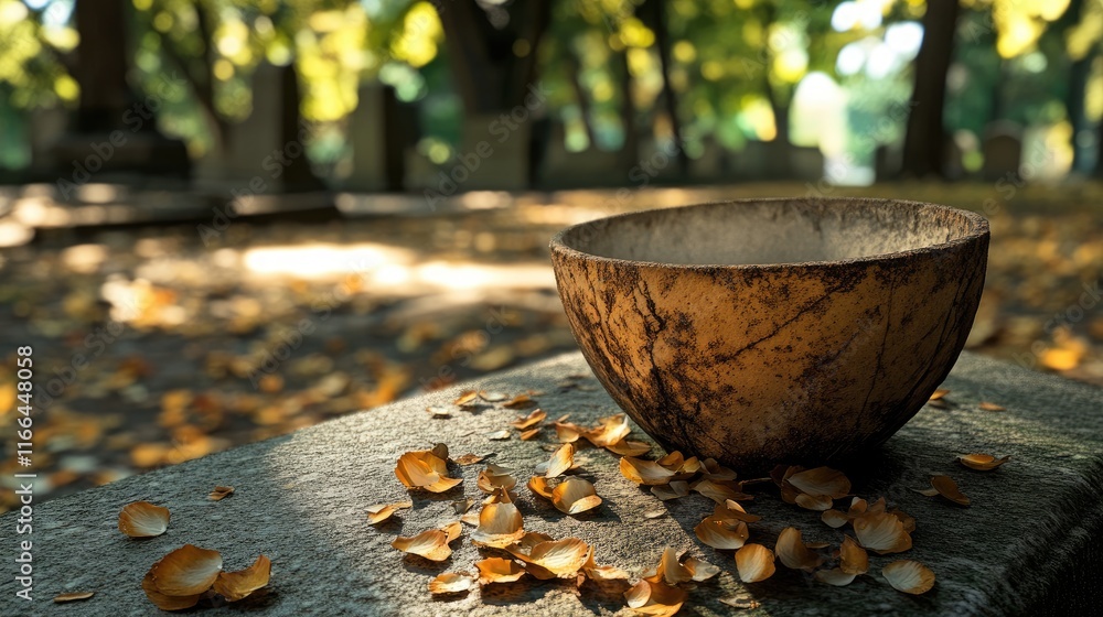 A rustic bowl sits on a stone surface surrounded by fallen leaves in a serene, natural setting. A rustic bowl sits on a stone surface surrounded by fallen leaves in a serene, natural setting.
