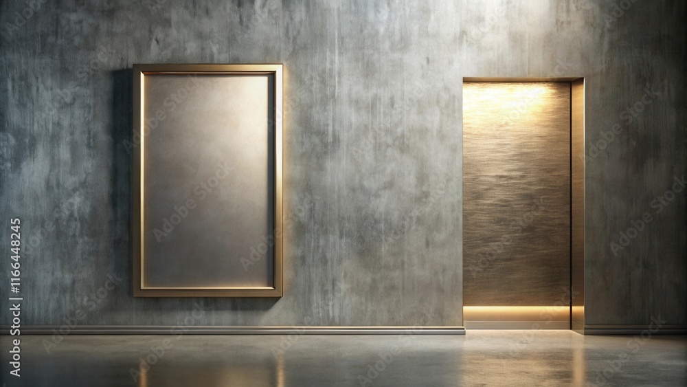 Elegant gold-framed artwork beside a subtly lit recessed doorway in a modern interior Elegant gold-framed artwork beside a subtly lit recessed doorway in a modern interior