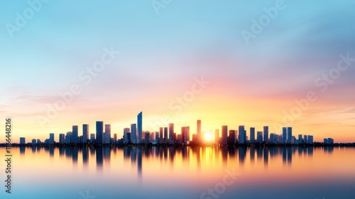 City skyline at sunset reflecting on calm waters.