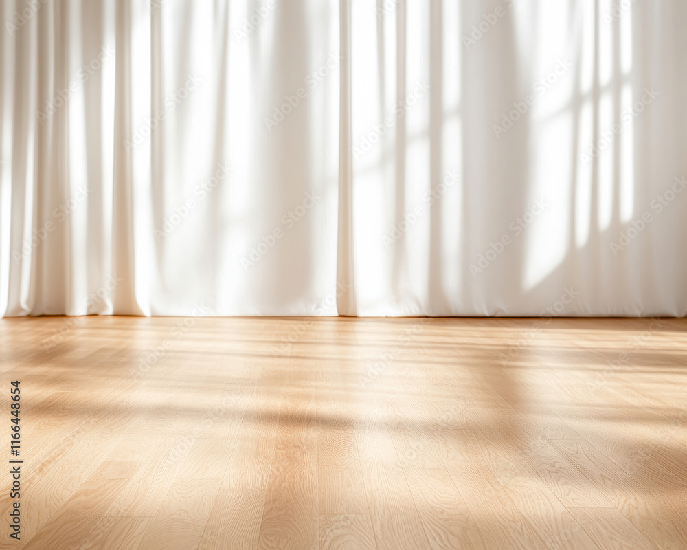 Bright wooden floor with white curtains casting soft shadows Bright wooden floor with white curtains casting soft shadows