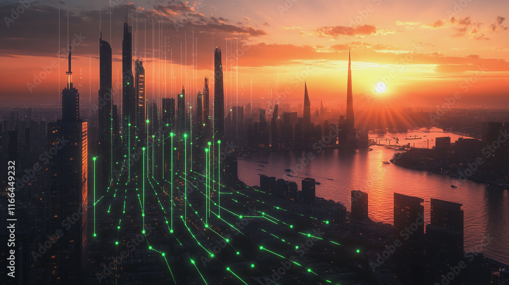 Smart Innovation city with connection cyber security network reciprocity over the sunset cityscape future wireless digital city and social media networking systems that connects people  in the city