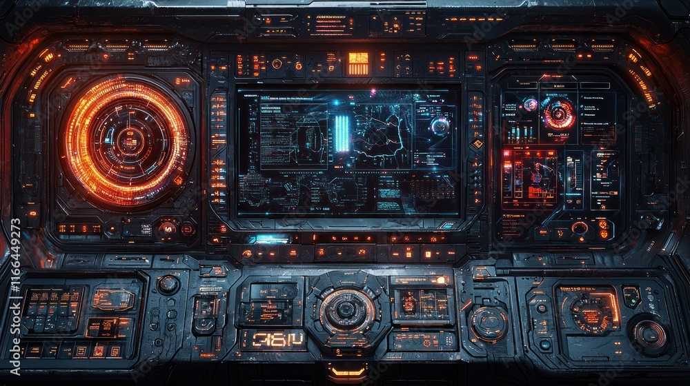 Futuristic control panel with glowing interfaces. Futuristic control panel with glowing interfaces.
