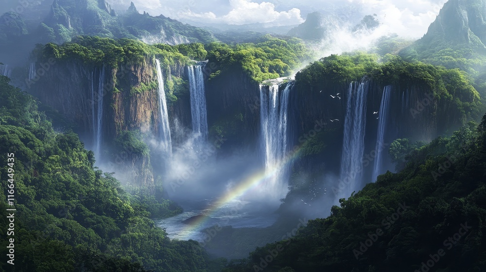 Fototapeta premium A breathtaking landscape featuring lush waterfalls, greenery, and a rainbow.