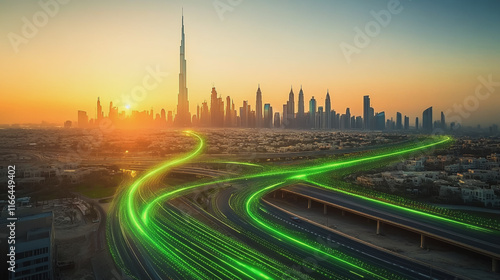 Smart Innovation city with connection cyber security network reciprocity over the sunset cityscape future wireless digital city and social media networking systems that connects people  in the city