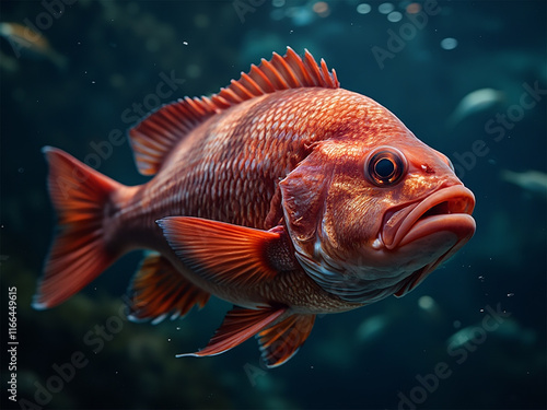 Ruby snapper fish swimming and devouring fishing bait