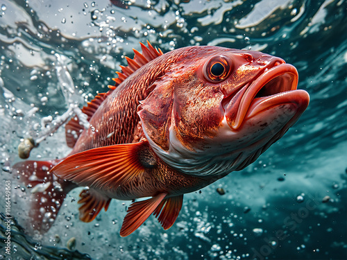 Ruby snapper fish swimming and devouring fishing bait