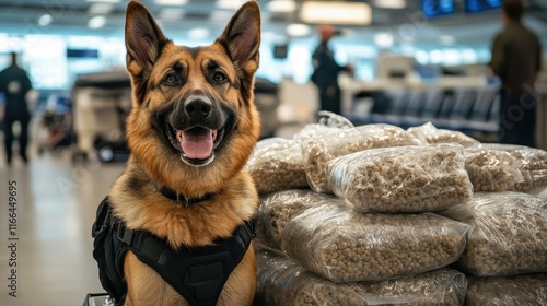 Alert German Shepherd beside seized drugs. Image depicts drug detection work, highlighting canine's role in law enforcement. photo