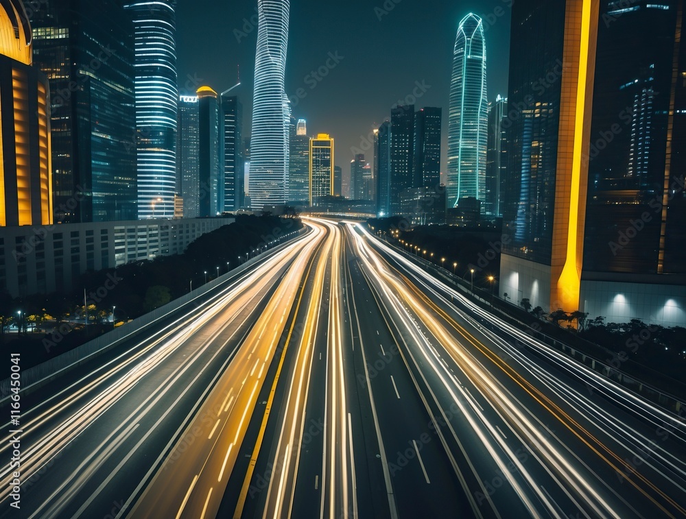 Obraz premium bustling highway in a modern city at night, streaks of car lights creating a dynamic flow, illuminated skyscrapers in the background,