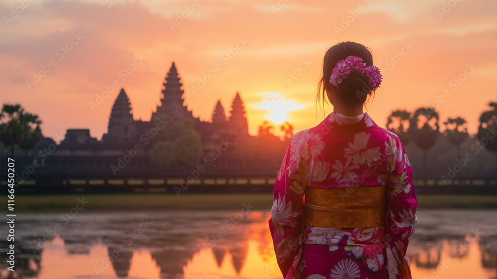 アンコールワットと朝日を背景にした着物姿の女性 アンコールワットと朝日を背景にした着物姿の女性
