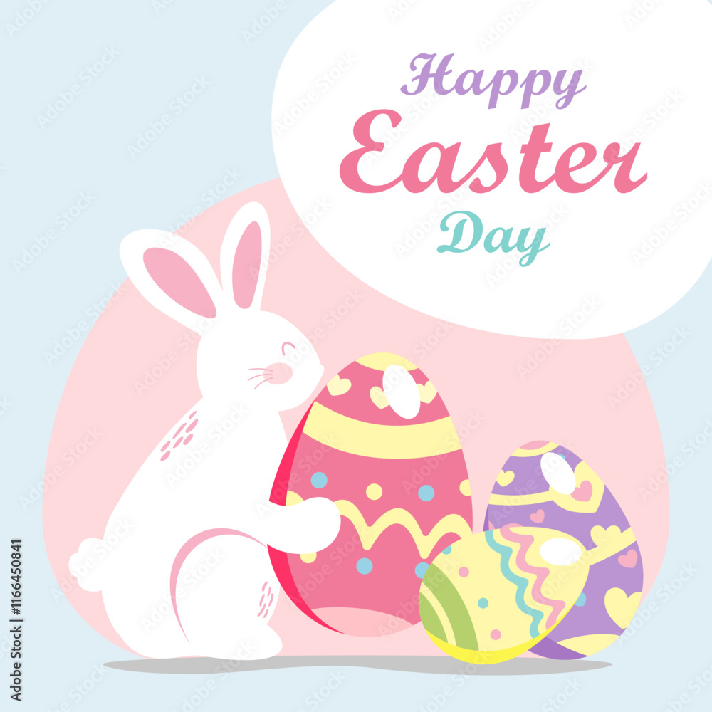 A cute Easter vector of a white rabbit holding a pink egg, with additional colorful eggs and festive elements in pastel shades A cute Easter vector of a white rabbit holding a pink egg, with additional colorful eggs and festive elements in pastel shades