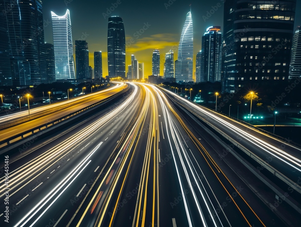 Obraz premium bustling highway in a modern city at night, streaks of car lights creating a dynamic flow, illuminated skyscrapers in the background, 