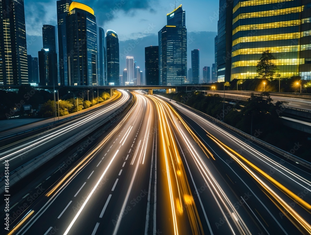 Obraz premium bustling highway in a modern city at night, streaks of car lights creating a dynamic flow, illuminated skyscrapers in the background, 