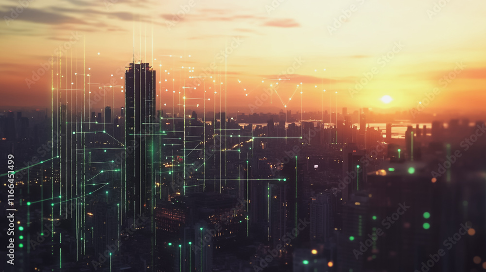 Fototapeta premium Smart Innovation city with connection cyber security network reciprocity over the sunset cityscape future wireless digital city and social media networking systems that connects people in the city