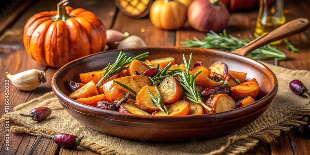 Roasted root vegetables and pumpkin in a rustic skillet Roasted root vegetables and pumpkin in a rustic skillet