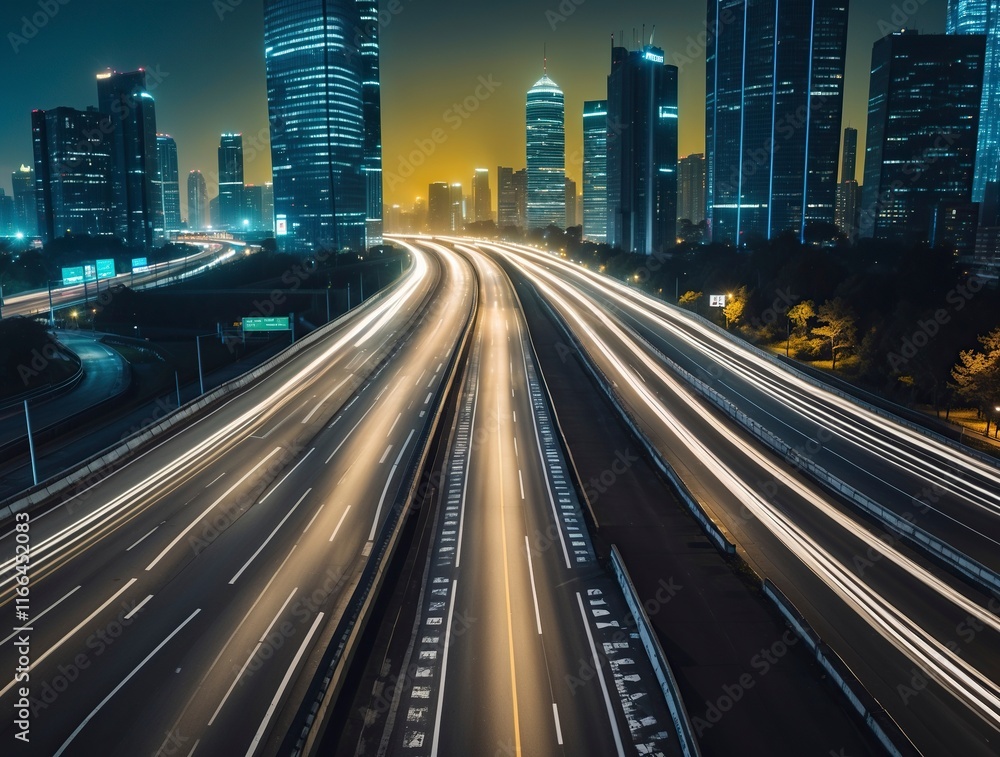 Fototapeta premium bustling highway in a modern city at night, streaks of car lights creating a dynamic flow, illuminated skyscrapers in the background, 