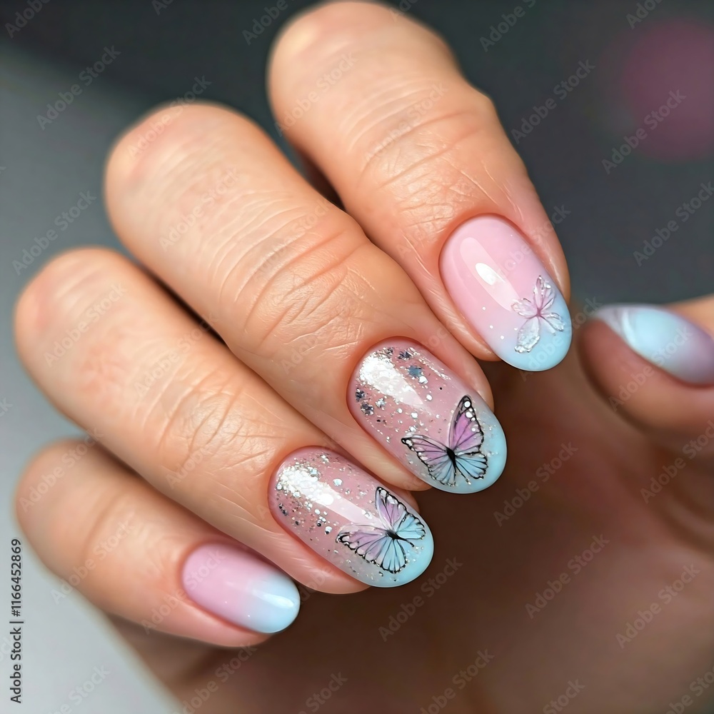 butterfly -themed nail art with gradient colors and glitter, evoking a breezy, coastal vibe. trendy nails 