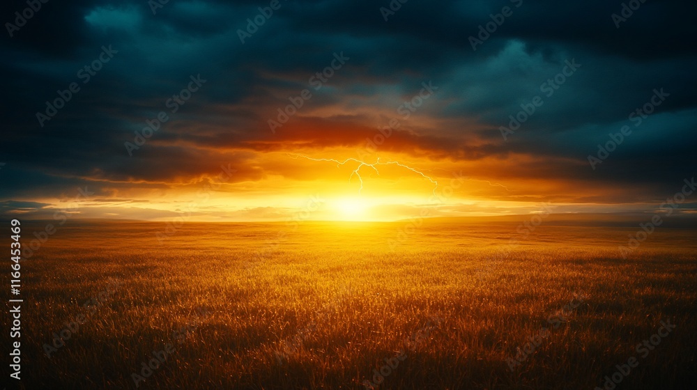 Fototapeta premium Lightning strikes at sunset over a golden field