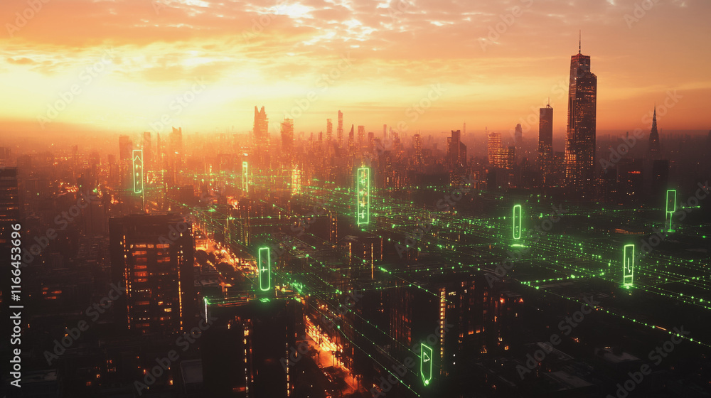 Fototapeta premium Smart Innovation city with connection cyber security network reciprocity over the sunset cityscape future wireless digital city and social media networking systems that connects people in the city