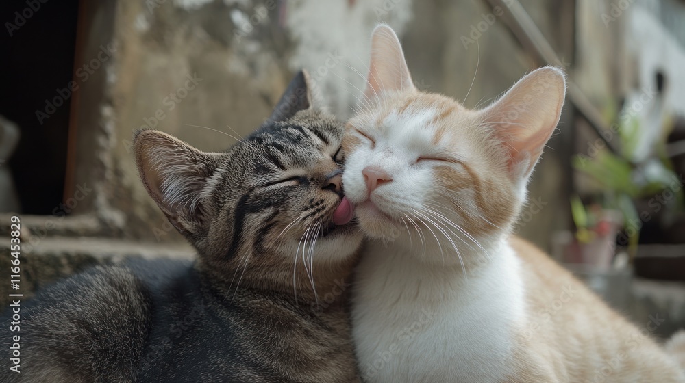 Two affectionate cats grooming each other in a warm, cozy setting. Two affectionate cats grooming each other in a warm, cozy setting.