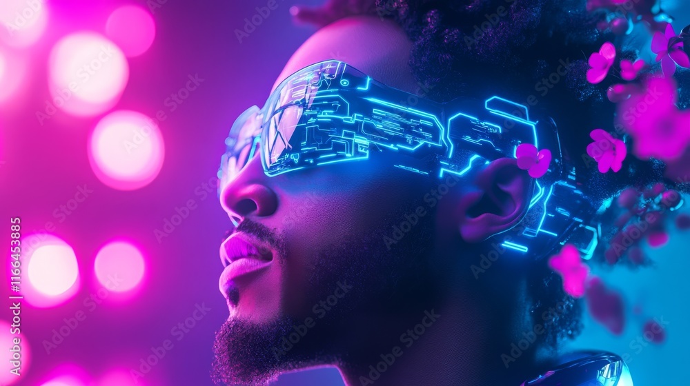 A futuristic portrait of a person wearing illuminated, high-tech glasses against a vibrant background of colorful lights. A futuristic portrait of a person wearing illuminated, high-tech glasses against a vibrant background of colorful lights.