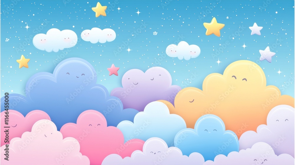 Dreamy Night Sky with Cute Cartoon Clouds and Stars Dreamy Night Sky with Cute Cartoon Clouds and Stars