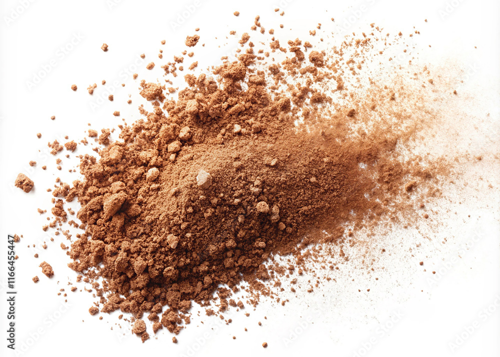 Brown Powder Spilling on a White Surface Creates a Textured Backdrop for Culinary Use Brown Powder Spilling on a White Surface Creates a Textured Backdrop for Culinary Use