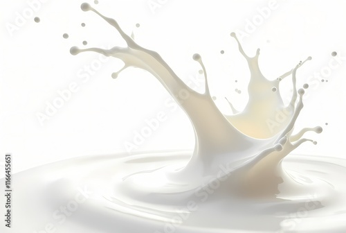Elegant milk splash swirl creating artistic wave pattern against white background, fluid dynamics of white liquid with droplet dispersion
