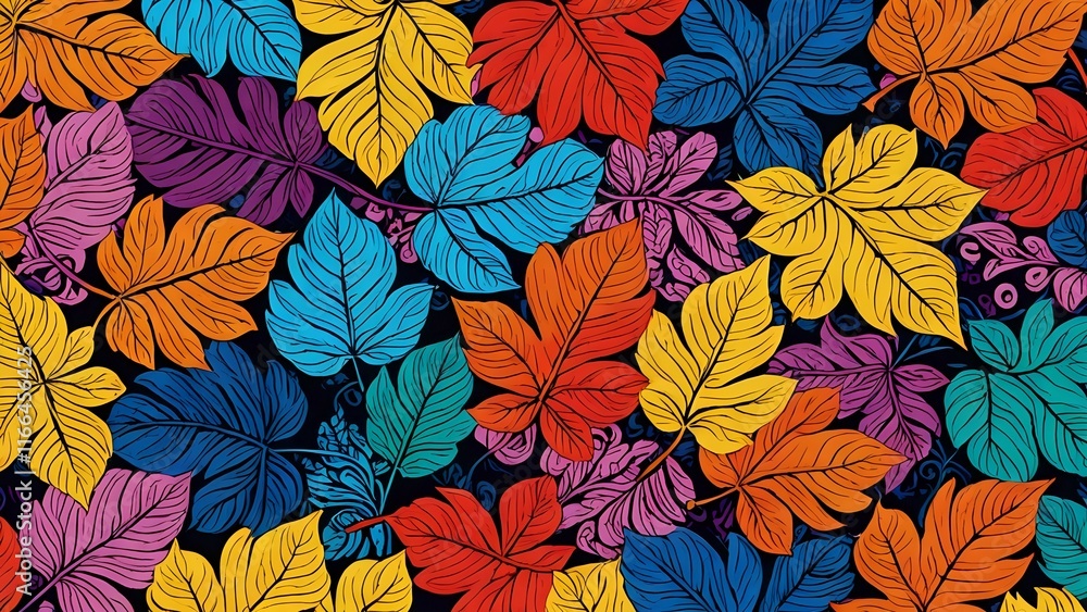 Fototapeta premium Vibrant colorful leaves pattern, tropical foliage, dark background, illustrated leaves, artistic design, bold colors, graphic design, seamless texture.