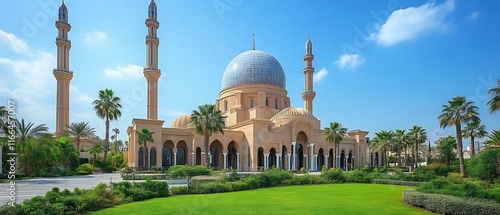 Majestic mosque with two minarets under a blue sky. photo