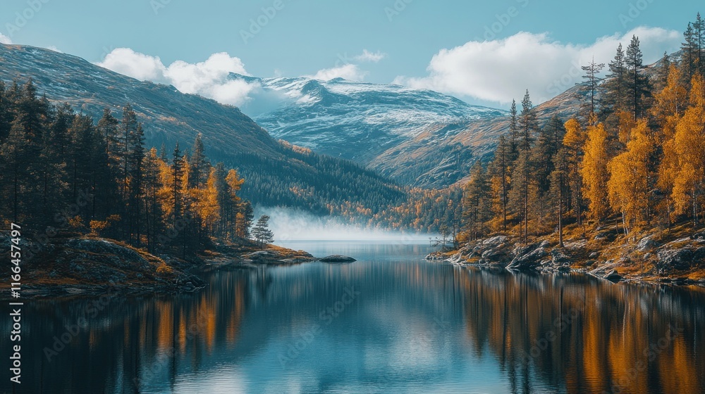 Calm lake surrounded by autumnal forest and snowy peaks, usable for travel. Calm lake surrounded by autumnal forest and snowy peaks, usable for travel.