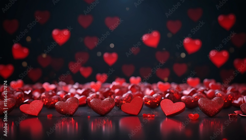 valentines day background with red hearts on a glossy background. Dark blurred background with bokeh. Romantic holiday banner hd valentines day background with red hearts on a glossy background. Dark blurred background with bokeh. Romantic holiday banner hd
