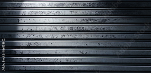 Background image of old corrugated iron door with rust marks on the door painted in gray with light and shadow from a flash.