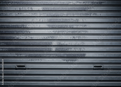 Background image of old corrugated iron door with rust marks on the door painted in gray with light and shadow from a flash.