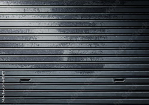 Background image of old corrugated iron door with rust marks on the door painted in gray with light and shadow from a flash.