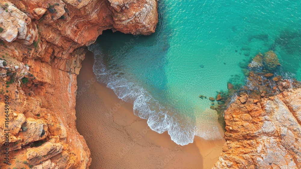 Secluded Cove Aerial View of Turquoise Water Sandy Beach and Red Cliffs Secluded Cove Aerial View of Turquoise Water Sandy Beach and Red Cliffs