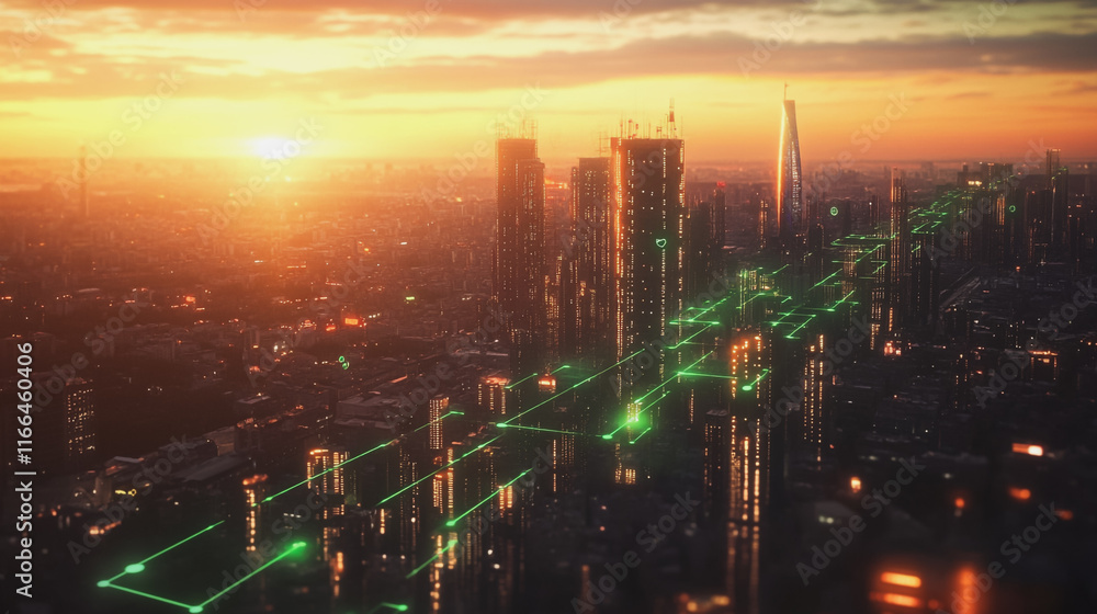 Fototapeta premium Smart Innovation city with connection cyber security network reciprocity over the sunset cityscape future wireless digital city and social media networking systems that connects people in the city