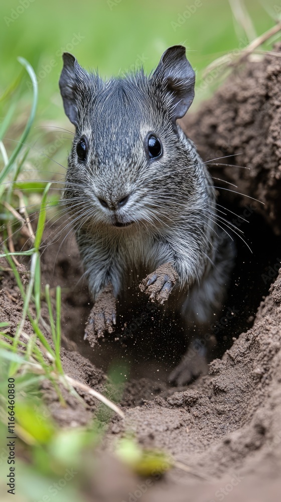 A small rodent emerging from its burrow in a grassy environment. A small rodent emerging from its burrow in a grassy environment.