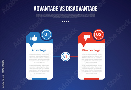 advantage vs disadvantage infographic for comparison data with creative table with circle and small arrow callout with modern dark gradient style background with 2 point information