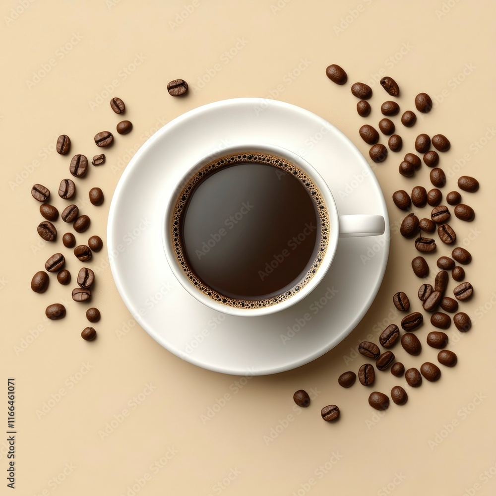 Aromatic Coffee Cup with Roasted Beans on Beige Background Aromatic Coffee Cup with Roasted Beans on Beige Background