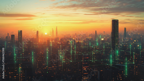 Wallpaper Mural Smart Innovation city with connection cyber security network reciprocity over the sunset cityscape future wireless digital city and social media networking systems that connects people  in the city Torontodigital.ca