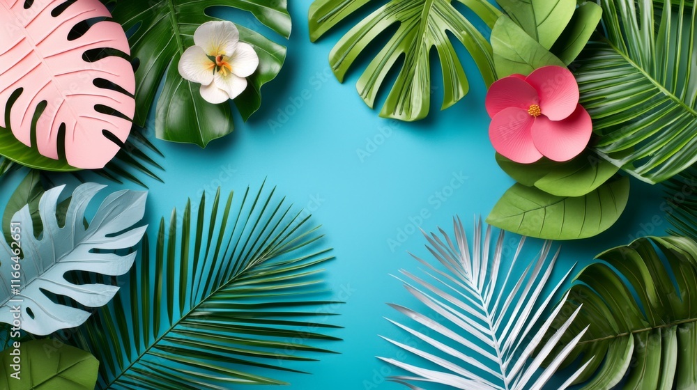 Naklejka premium Tropical Leaves Flowers Summer Design Teal Background Exotic Plants