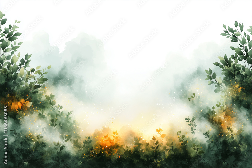 Serene Lush Forest Landscape with Warm Glowing Lights and Gentle Mist and Copy-Space Serene Lush Forest Landscape with Warm Glowing Lights and Gentle Mist and Copy-Space