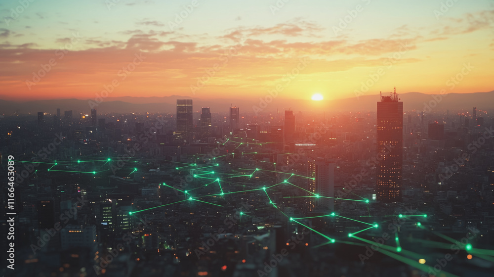 Fototapeta premium Smart Innovation city with connection cyber security network reciprocity over the sunset cityscape future wireless digital city and social media networking systems that connects people in the city