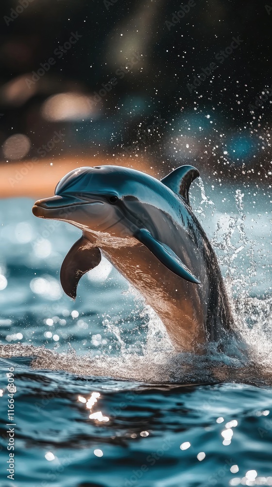 Fototapeta premium A dolphin leaps gracefully out of the water, creating a splash in a serene aquatic setting.