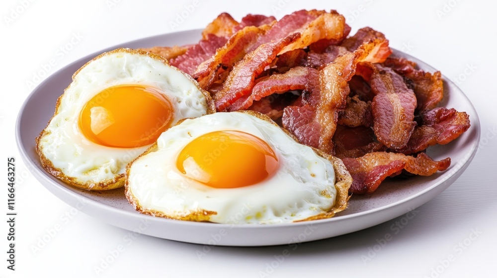 A plate of sunny-side-up eggs and crispy bacon. A plate of sunny-side-up eggs and crispy bacon.
