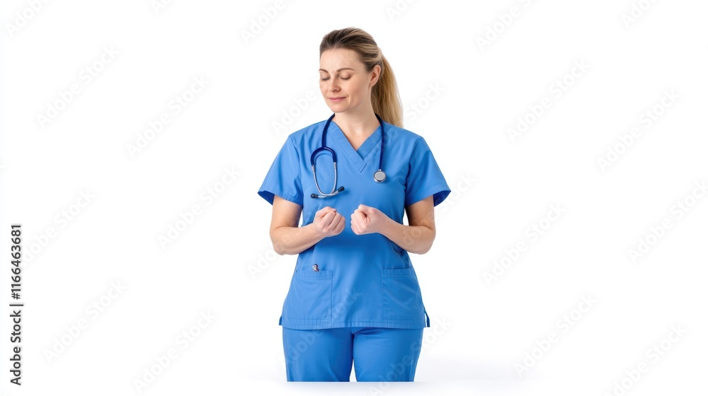 A healthcare professional in scrubs with a stethoscope, reflecting. A healthcare professional in scrubs with a stethoscope, reflecting.