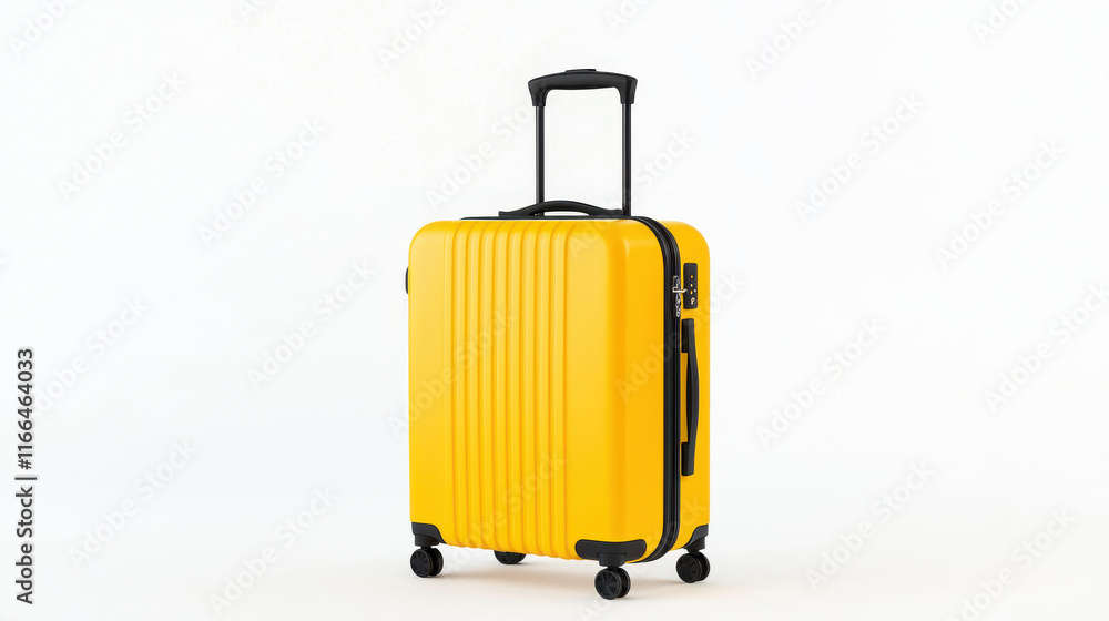 Yellow suitcase with wheels and handle on white background Yellow suitcase with wheels and handle on white background